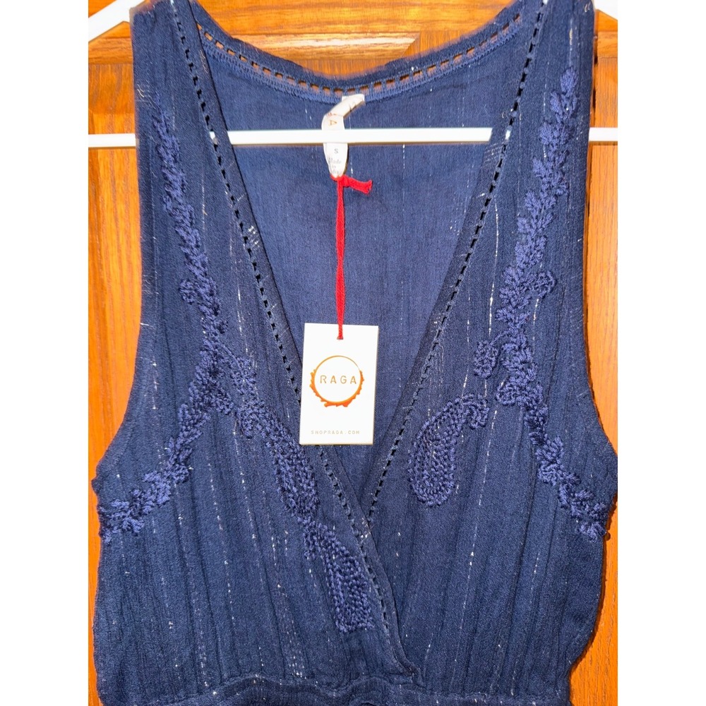 NWT Womens Size Small Raga Silver Metallic Stripe Wide Leg navy v neck Jumpsuit
